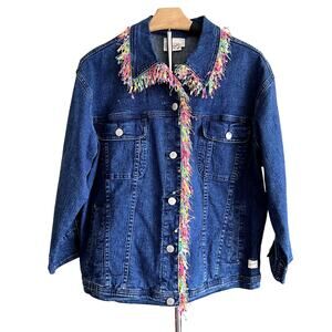 Vintage 90s Beverlys Womens Colorful Ribbon Fringe Denim Jacket Size Large Happy